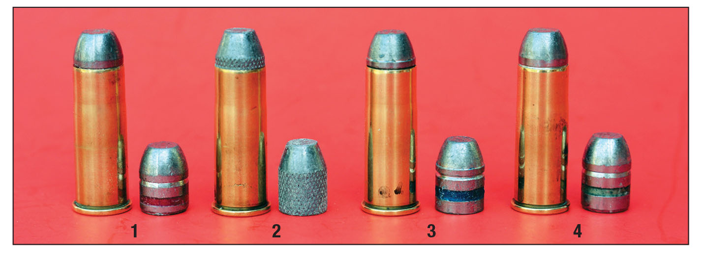 The .44-40 is ideally suited for handloads containing cast or swaged lead bullets: (1) Rim Rock Cowboy 200-grain RNFP, (2) Hornady swaged 205-grain lead Cowboy, (3) RCBS mould 44-200-FP cast 210-grain and (4) Oregon Trail 225-grain RNFP.